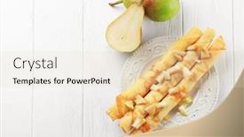  Presentation with pear - Colorful slide set enhanced with delicious thin pancakes served with pear and jam on plate against wooden background backdrop and a lemonade colored foreground