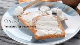  Presentation with coconut oil - Presentation design enhanced with delicious toasts with coconut oil in plate on table closeup background and a soft green colored foreground