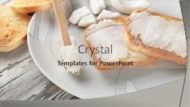  Presentation with coconut oil - Beautiful presentation design featuring delicious toasts with coconut oil in plate on table closeup backdrop and a soft green colored foreground