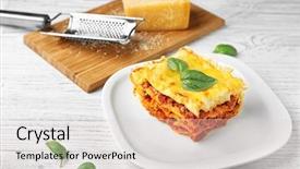  Presentation with white plate - Cool new slides with delicious traditional lasagna on white backdrop and a lemonade colored foreground