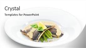  Presentation with trout - Presentation design having delicious trout fish fillet grilled and served with basil sauce and green beans isolated on white background and a white colored foreground