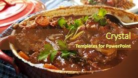  Presentation with veal - Colorful slides enhanced with delicious veal shanks slow-cooked with vegetables in a red crock pot traditional osso buco backdrop and a tawny brown colored foreground
