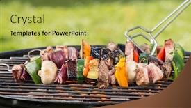  Presentation with grill - Slide set featuring delicious-vegetable-and-meat-skewer background and a yellow colored foreground