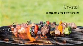  Presentation with grill - Presentation theme with delicious-vegetable-and-meat-skewer background and a yellow colored foreground