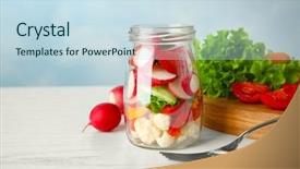  Presentation with salad - Presentation design enhanced with delicious vegetable salad in jar background and a sky blue colored foreground