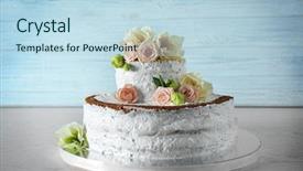  Presentation with wedding banquet table - Colorful PPT layouts enhanced with delicious wedding cake on wooden backdrop and a sky blue colored foreground