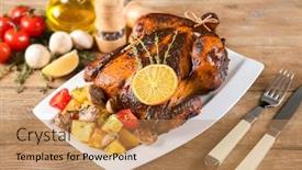  Presentation with roasted chicken - Colorful theme enhanced with delicious whole roasted chicken served on plate backdrop and a coral colored foreground