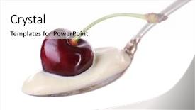  Presentation with yogurt - PPT theme with delicious yogurt in spoon with cherry isolated on white background and a white colored foreground