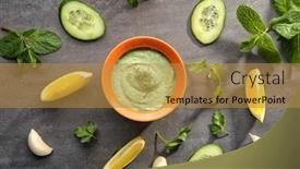  Presentation with yogurt - PPT layouts enhanced with delicious yogurt sauce in bowl with ingredients on kitchen table background and a gold colored foreground