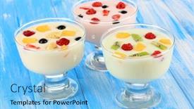  Presentation with fruit yogurt - Slide deck having delicious yogurt with fruit on table close-up background and a light blue colored foreground