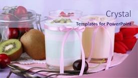  Presentation with table napkin - Audience pleasing PPT theme consisting of delicious yogurt with fruits tastes in glasses and fresh fruits on napkin on color wooden table on light background backdrop and a sky blue colored foreground