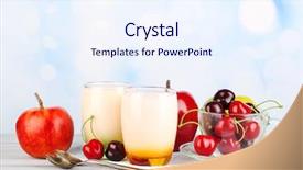  Presentation with table napkin - Slide set featuring delicious yogurt with fruits tastes in glasses and fresh fruits on napkin on color wooden table on light background background and a sky blue colored foreground