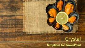  Presentation with appetizer - Theme having delicius appetizer with natural mussels and lemon background and a tawny brown colored foreground