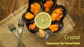  Presentation with appetizer - Slide set enhanced with delicius appetizer with natural mussels and lemon background and a tawny brown colored foreground