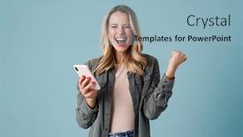  Presentation with winner - PPT theme having delighted-blonde-girl-making-winner background and a light blue colored foreground