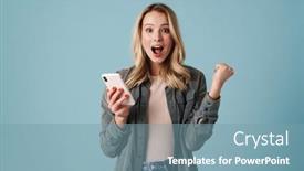  Presentation with winner - Audience pleasing PPT layouts consisting of delighted-blonde-girl-making-winner backdrop and a seafoam green colored foreground