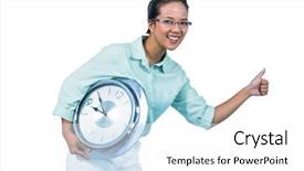  Presentation with clock - Slide set enhanced with delighted businesswoman holding a clock background and a white colored foreground