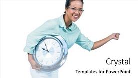  Presentation with clock - PPT layouts enhanced with delighted businesswoman holding a clock background and a white colored foreground