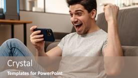  Presentation with video game - Presentation theme consisting of delighted-guy-making-winner-gesture background and a coral colored foreground