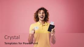  Presentation with passport - PPT theme enhanced with delighted-handsome-guy-posing background and a coral colored foreground