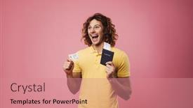  Presentation with passport - Cool new PPT theme with delighted-handsome-guy-posing backdrop and a coral colored foreground