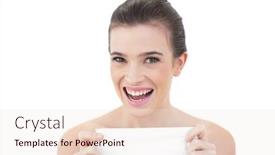  Presentation with tissue - Presentation design enhanced with delighted natural brown haired model holding a tissue on white background background and a lemonade colored foreground