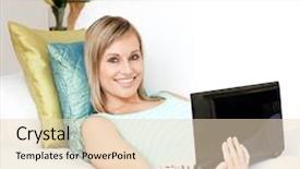  Presentation with internet surfing - Beautiful presentation featuring delighted woman surfing the internet lying on a sofa at home backdrop and a lemonade colored foreground