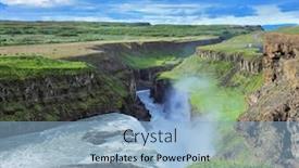  Presentation with waterfall woman - Beautiful presentation design featuring delighted woman tourist on the shore of the huge waterfall gyullfoss summer in iceland backdrop and a light blue colored foreground