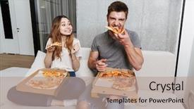  Presentation with pizza - PPT layouts enhanced with delighted young couple eating pizza background and a coral colored foreground