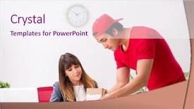  Presentation with courier - Presentation design with deliver - courier delivering parcel background and a sky blue colored foreground