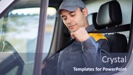  Presentation with safety - PPT theme enhanced with deliverer-putting-on-the-safety background and a ocean colored foreground