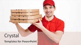  Presentation with pizza delivery - PPT layouts enhanced with deliveries - pleased guy dealer in red background and a lemonade colored foreground