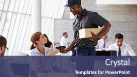  Presentation with courier - Cool new PPT layouts with delivery - courier collecting package from businesswoman backdrop and a ocean colored foreground