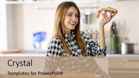  Presentation with eating disorders - Beautiful PPT theme featuring delivery - happy young woman eating slice backdrop and a coral colored foreground