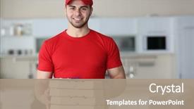  Presentation with pizza - PPT layouts with delivery - young handsome man delivering pizza background and a coral colored foreground