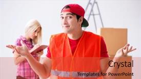  Presentation with legislative committee assistant - PPT theme featuring delivery assistant delivering to home background and a  colored foreground