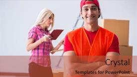  Presentation with home - PPT theme enhanced with delivery assistant delivering to home background and a  colored foreground