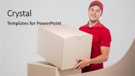  Presentation with delivery boy - Amazing PPT layouts having delivery boy - portrait of a happy smiling backdrop and a light gray colored foreground