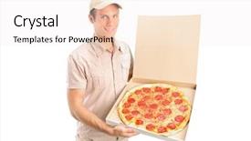  Presentation with pizza - PPT theme enhanced with delivery boy delivering a pizza background and a sky blue colored foreground