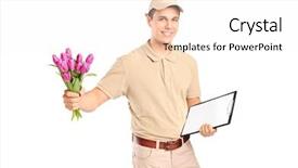 Presentation with delivery boy - Slide set featuring bouqet - delivery boy holding a clipboard background and a white colored foreground