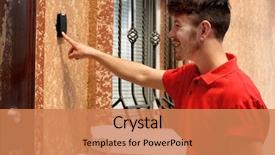  Presentation with pizza - Presentation design with delivery boy with cardboard pizza background and a coral colored foreground