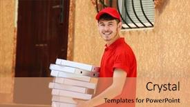  Presentation with delivery boy - PPT theme with delivery boy with cardboard pizza background and a coral colored foreground