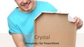  Presentation with delivery boy - Colorful presentation design enhanced with delivery boy with cardboard pizza box isolated on white backdrop and a coral colored foreground