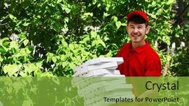  Presentation with delivery boy - Amazing slide deck having delivery boy with cardboard pizza backdrop and a seafoam green colored foreground