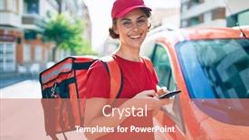  Presentation with worker - Slides consisting of delivery-business-worker-woman-wearing background and a coral colored foreground