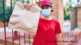  Presentation with worker safety - Amazing slide deck having delivery-business-worker-woman-wearing backdrop and a crimson colored foreground