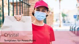  Presentation with worker safety - Presentation design enhanced with delivery-business-worker-woman-wearing background and a red colored foreground