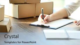  Presentation with concept gcf - PPT theme consisting of delivery concept woman signs papers background and a light blue colored foreground