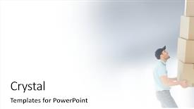  Presentation with courier delivery - PPT theme enhanced with delivery courier holding stack tower background and a white colored foreground