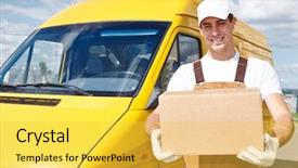  Presentation with box carton - PPT theme with delivery courier man in front background and a yellow colored foreground